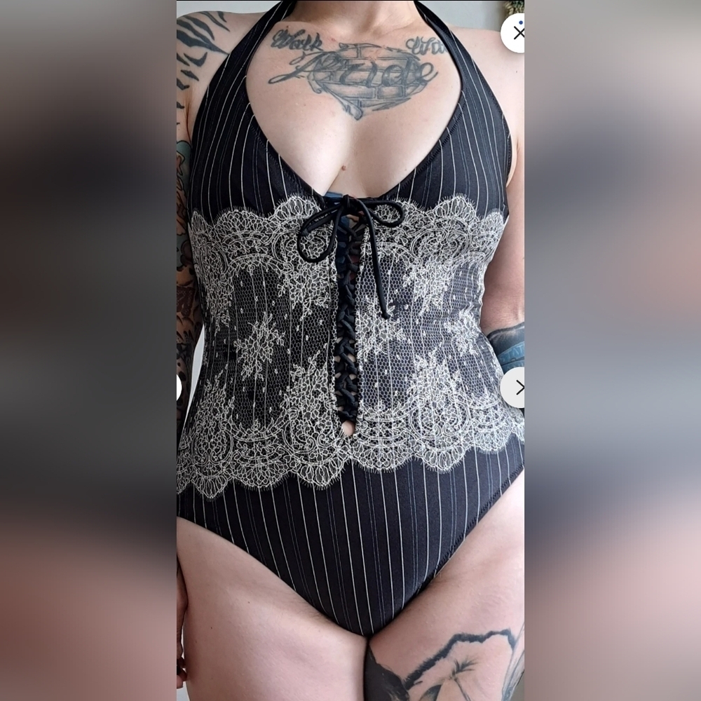 Gottex Lace Corset Style Pinstripe Swimsuit Sz 12